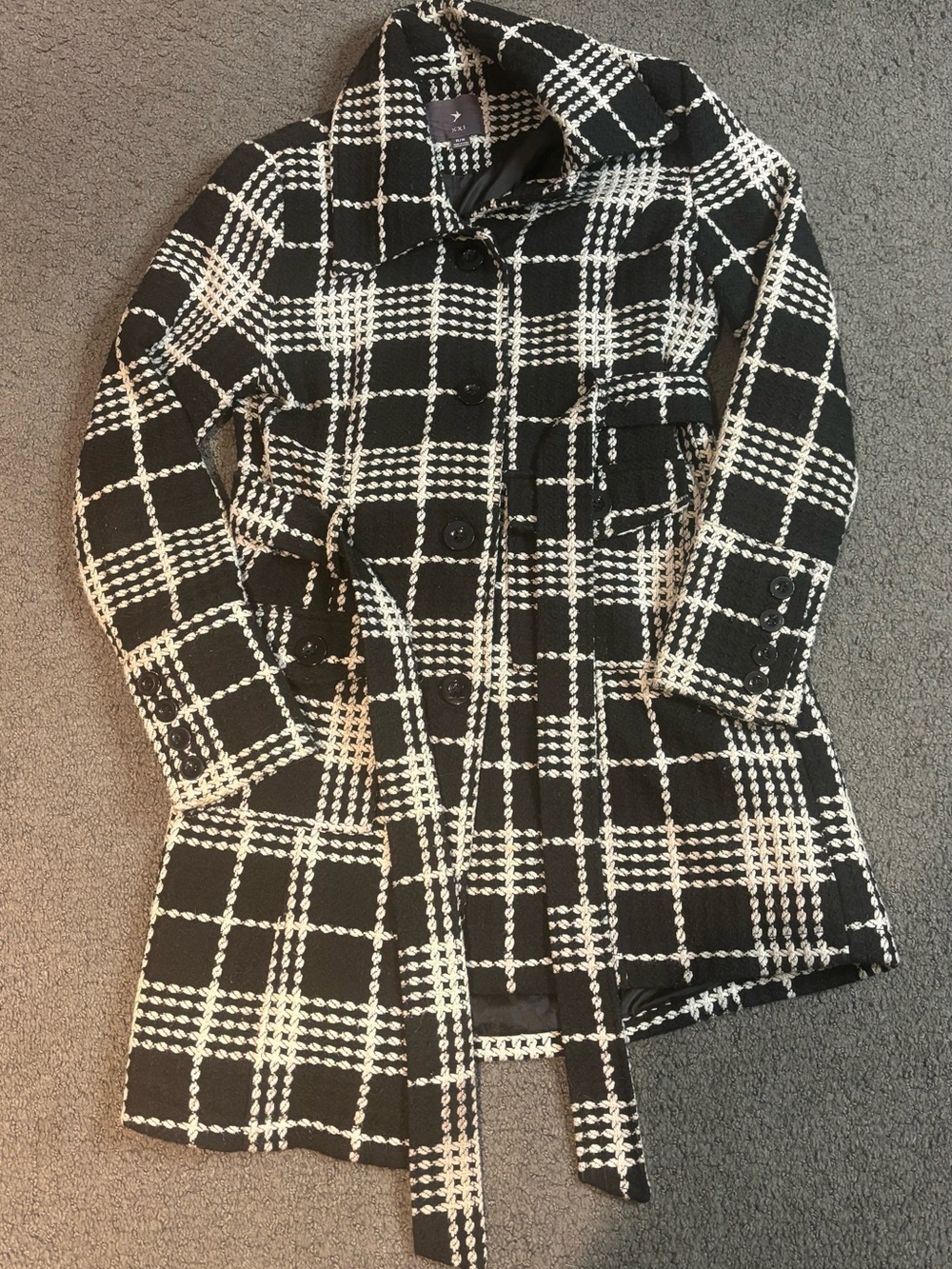 Forever 21 Black White Houndstooth Plaid Trench Coat Pea Jacket Medium
